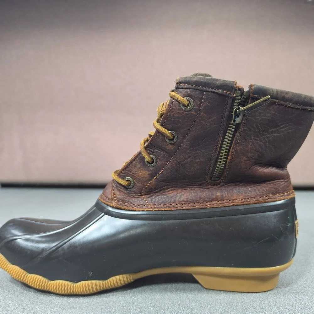 Sperry Saltwater Duck Boots Womens Brown Leather Rubber Ankle Good Side Zip